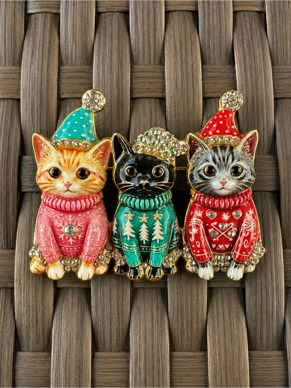 Festive Cat Trio Brooch